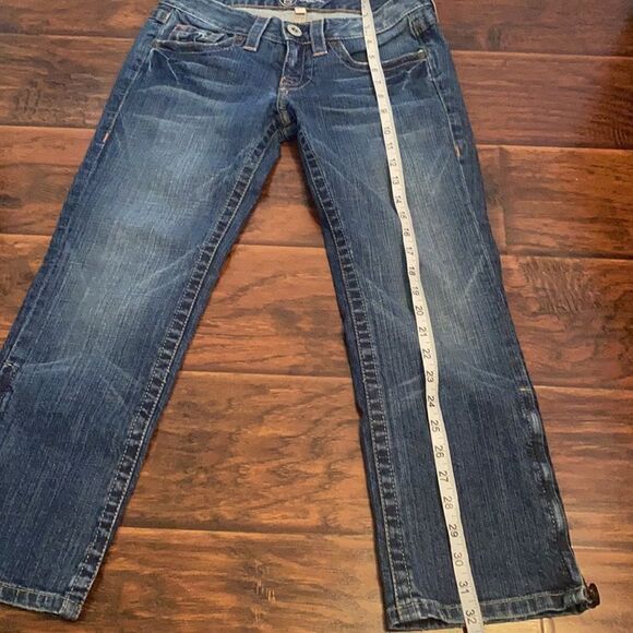 Y2K Bebe Factory Distressed Blue Embellished Bling Denim Cropped Jeans - Picture 3 of 10